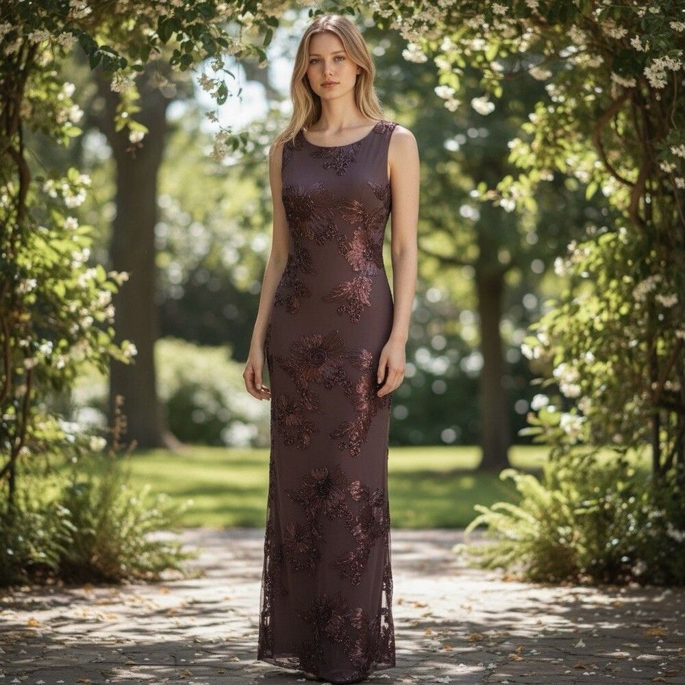 Thirty Brown Embellished Floral Mesh Maxi Dress size L Cocktail Party Event NWT